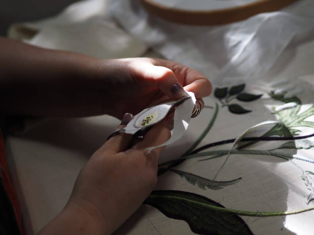 Stumpwork Embroidery being worked in my studio